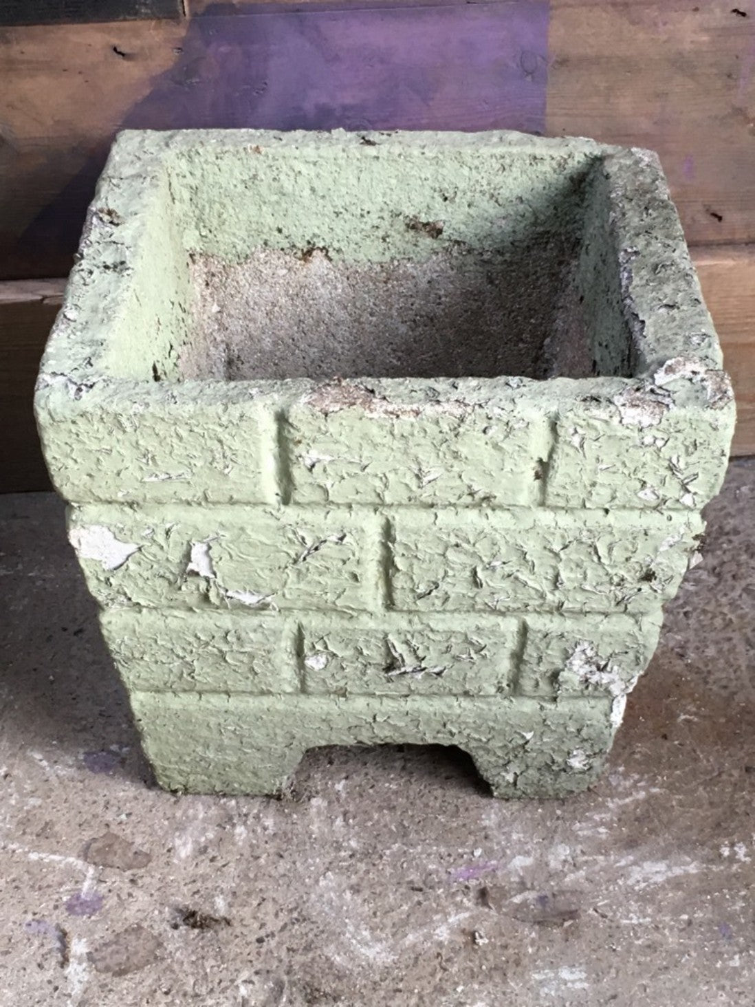 Reclaimed Pair Of Old Weathered Concrete Square Garden Pots Painted Green 28cm