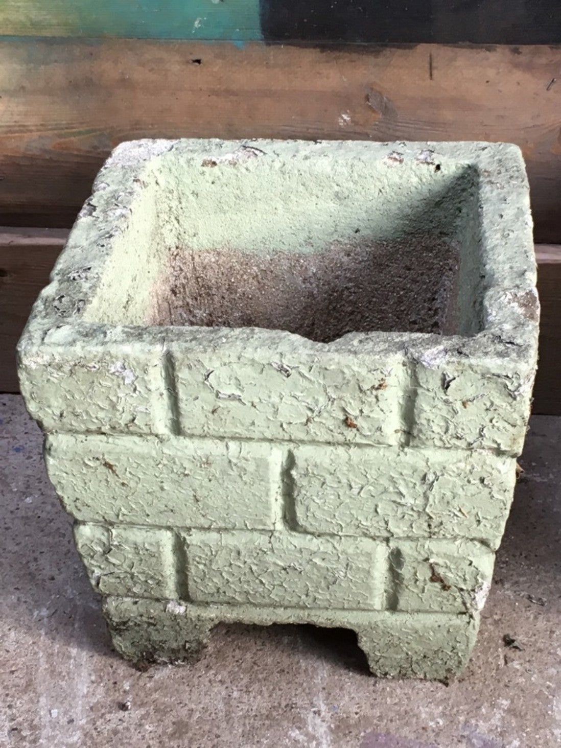 Reclaimed Pair Of Old Weathered Concrete Square Garden Pots Painted Green 28cm