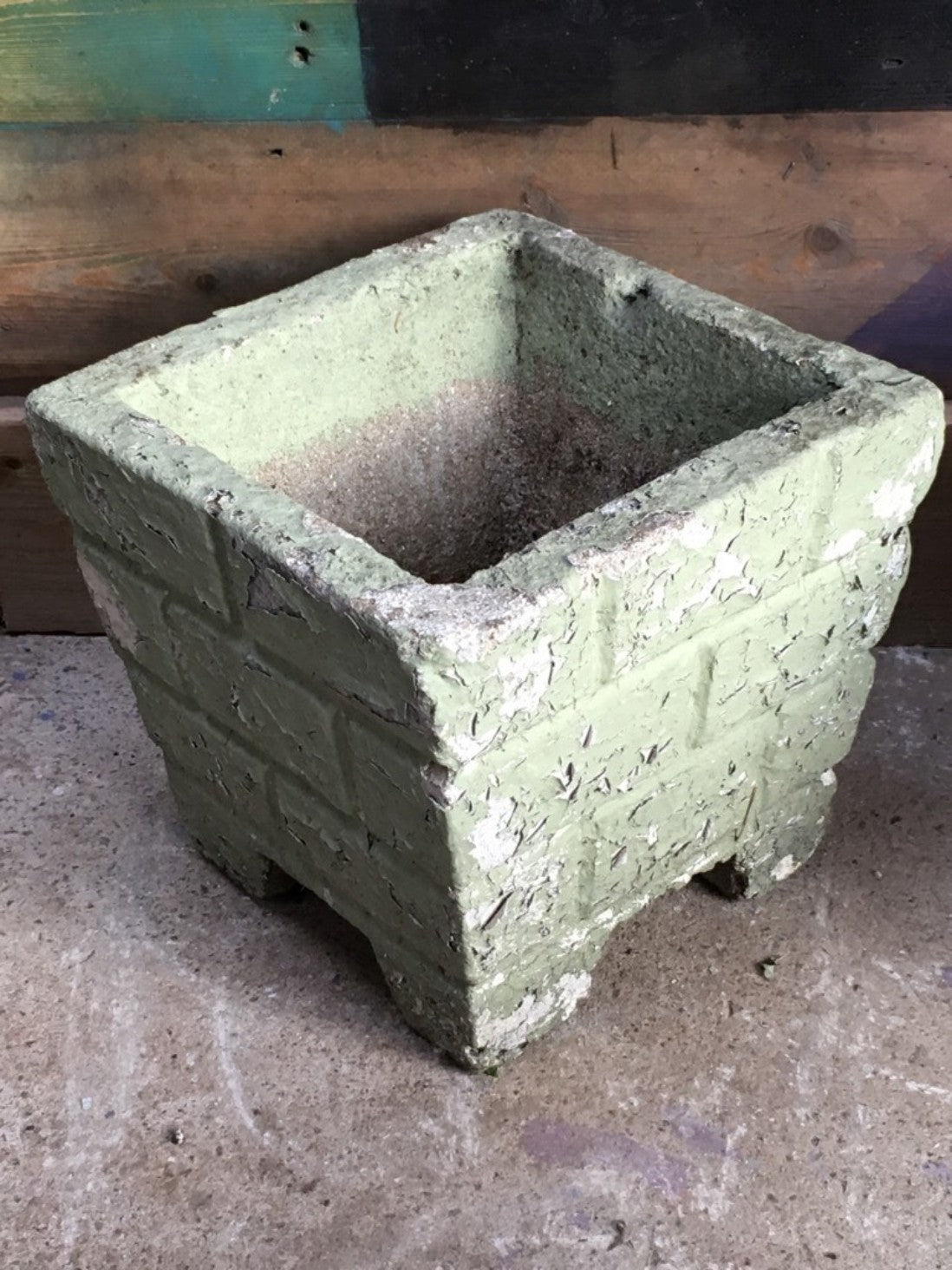 Reclaimed Pair Of Old Weathered Concrete Square Garden Pots Painted Green 28cm