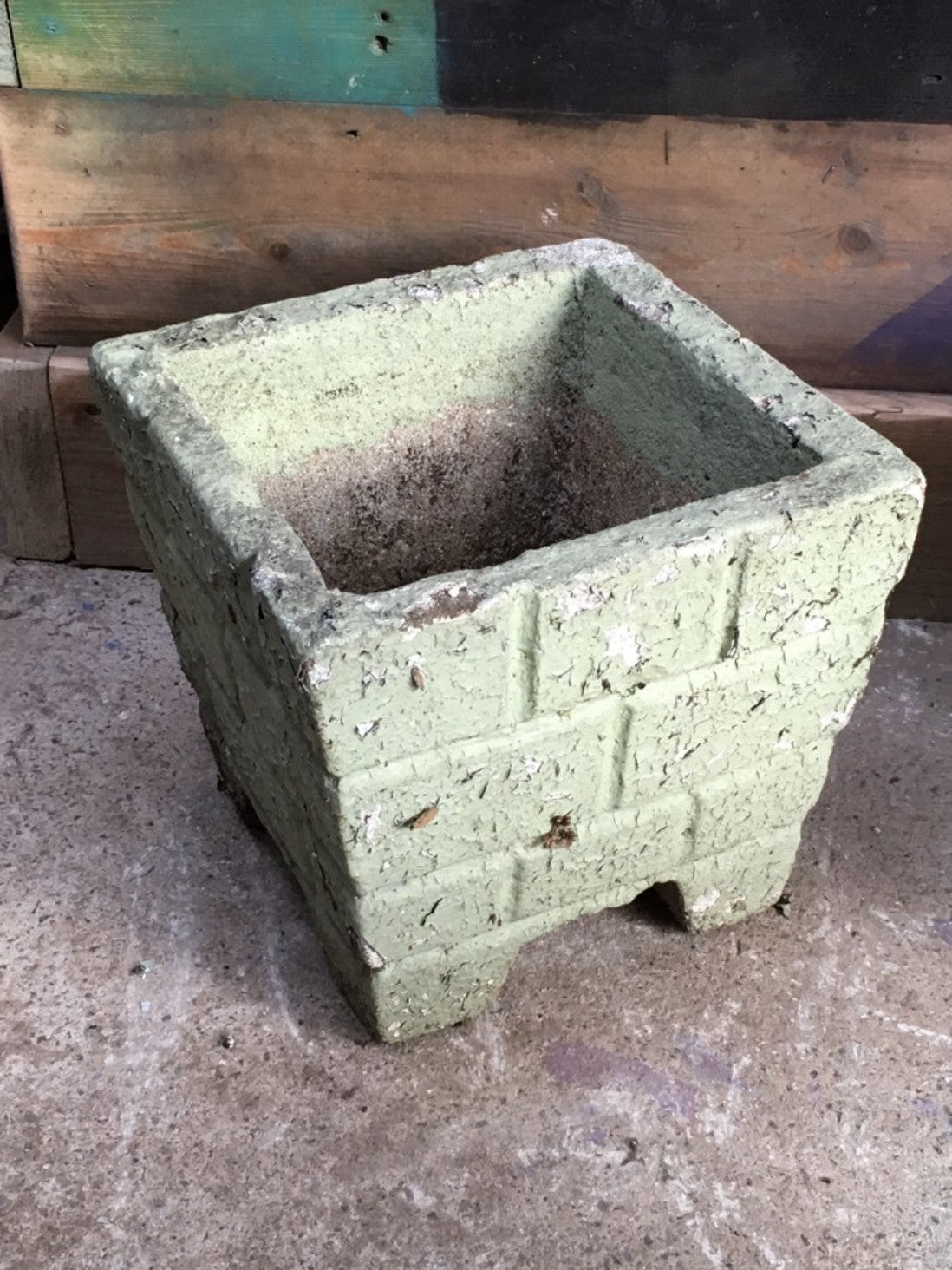 Reclaimed Pair Of Old Weathered Concrete Square Garden Pots Painted Green 28cm