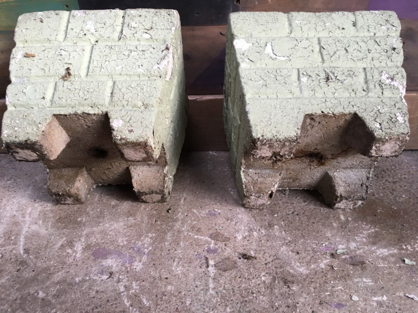 Reclaimed Pair Of Old Weathered Concrete Square Garden Pots Painted Green 28cm