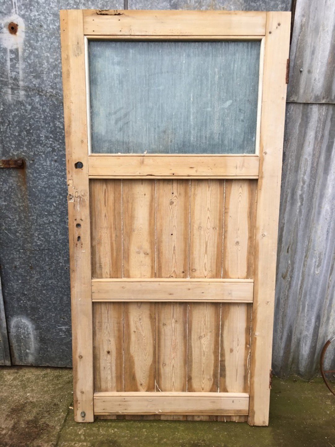 39 1/8”x77 1/4” Old Stripped Pine 5 Plank Framed Glazed Internal External Door