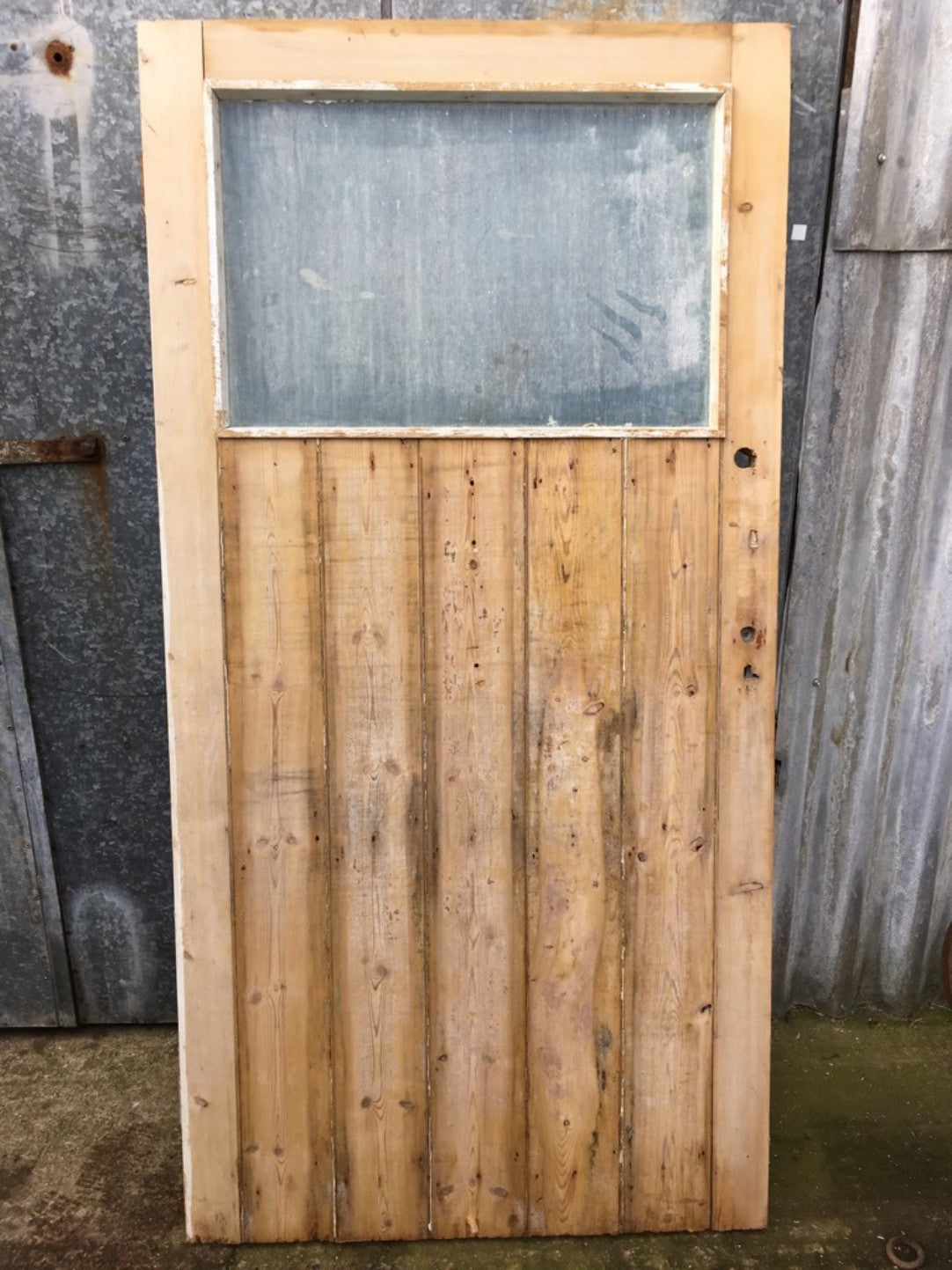 39 1/8”x77 1/4” Old Stripped Pine 5 Plank Framed Glazed Internal External Door