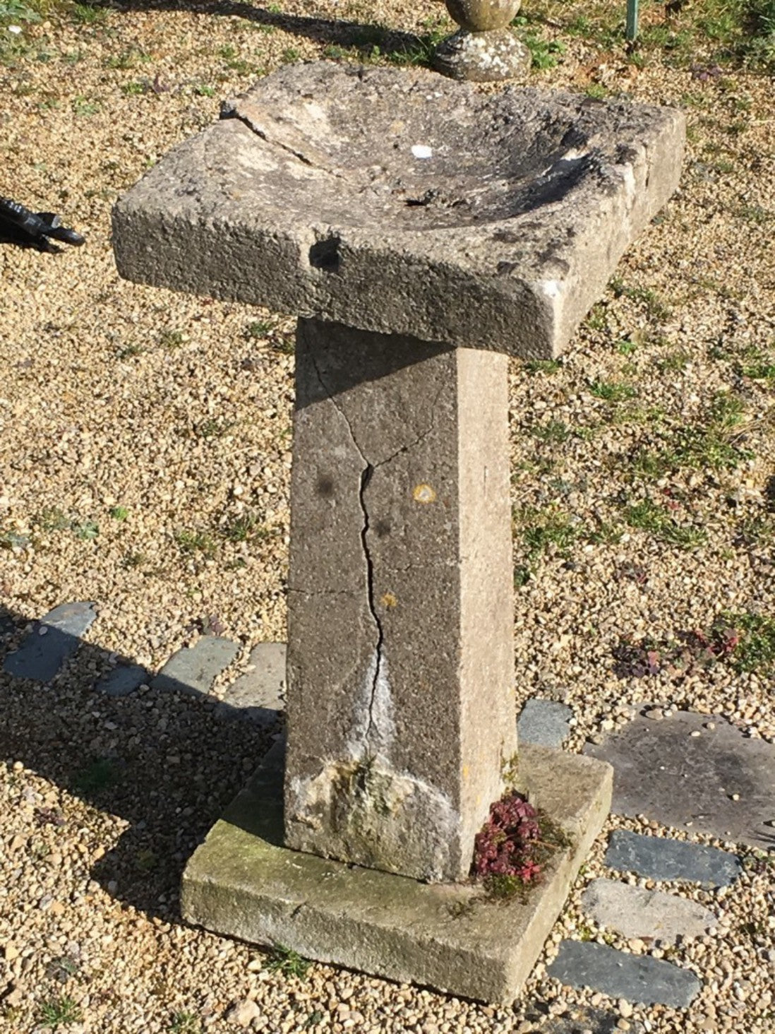Salvaged Old Concrete 2’9” Tall Weathered Square Bird Bath