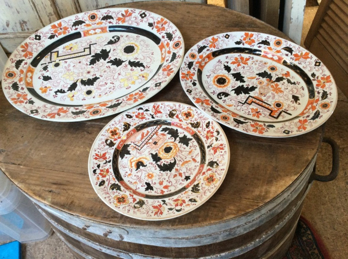 Three Interesting Colourful Edwardian Ironstone China Plates 44.2cm 34cm 27cm