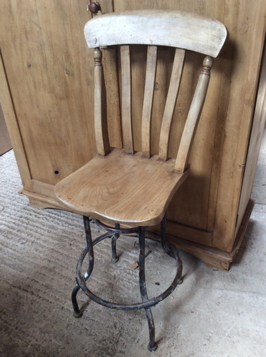 Interesting Old Elm & Beech Steel Slat Back Stool Chair With Metal Legs 42" High