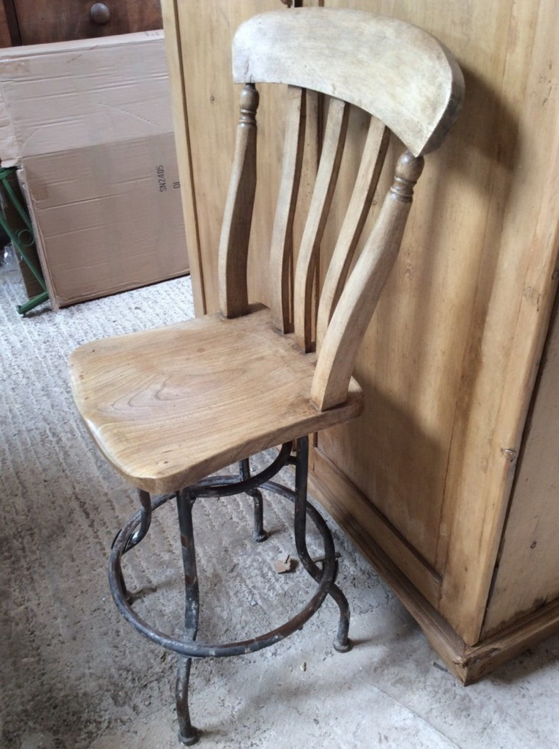 Interesting Old Elm & Beech Steel Slat Back Stool Chair With Metal Legs 42" High