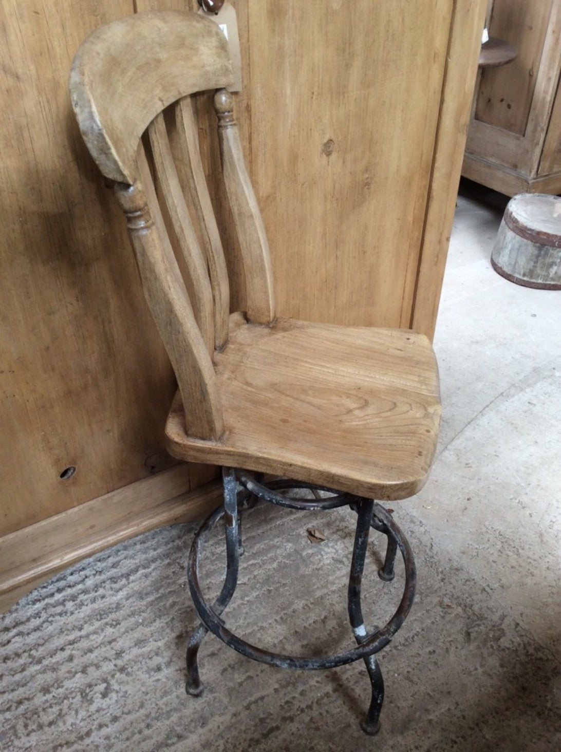 Interesting Old Elm & Beech Steel Slat Back Stool Chair With Metal Legs 42" High