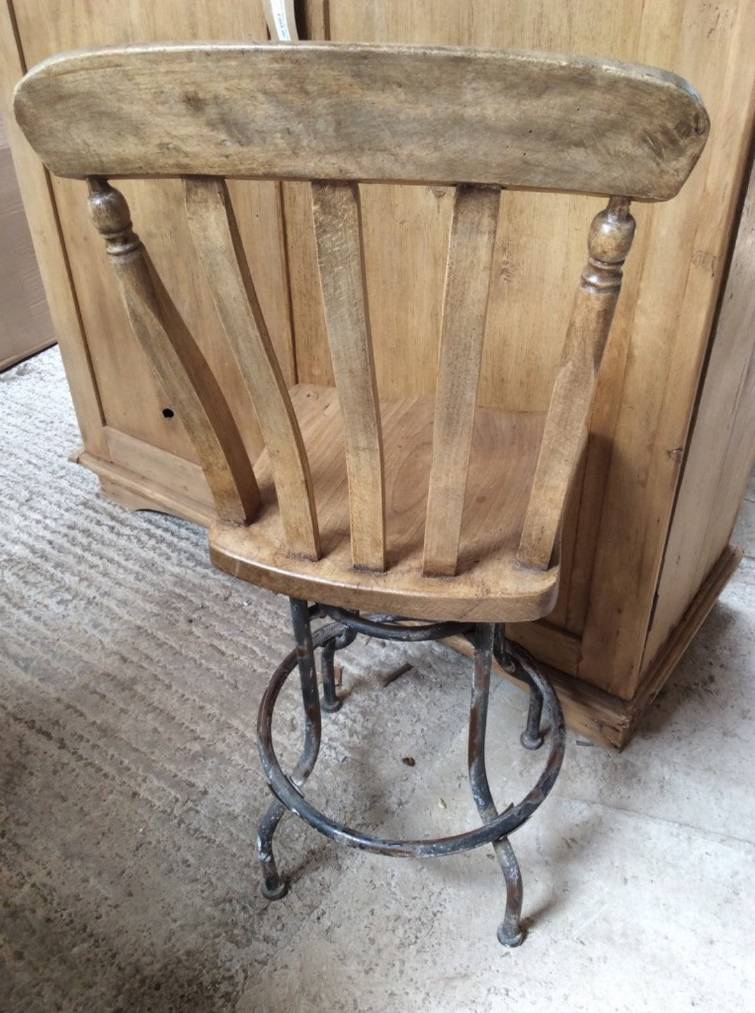 Interesting Old Elm & Beech Steel Slat Back Stool Chair With Metal Legs 42" High