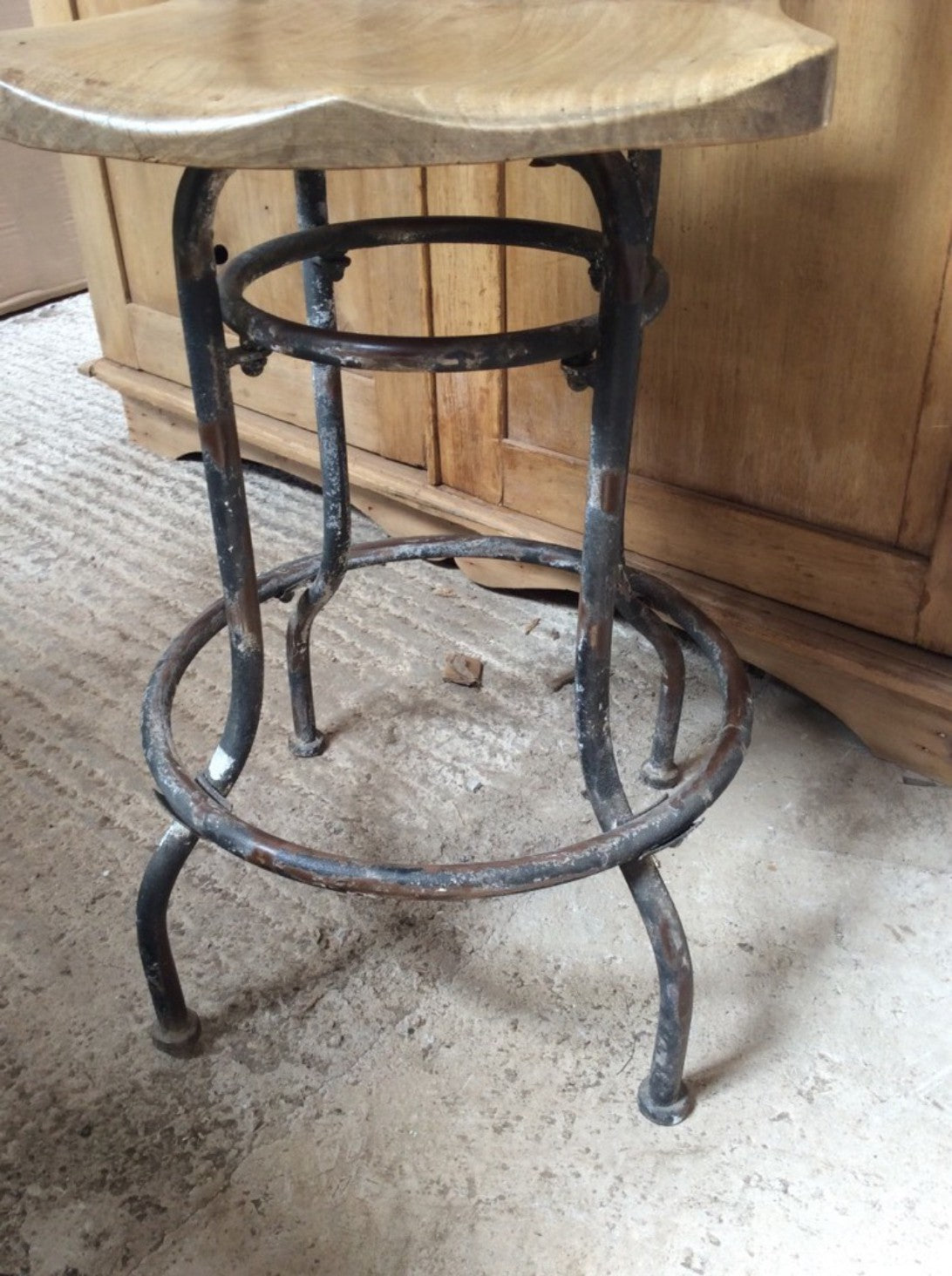 Interesting Old Elm & Beech Steel Slat Back Stool Chair With Metal Legs 42" High