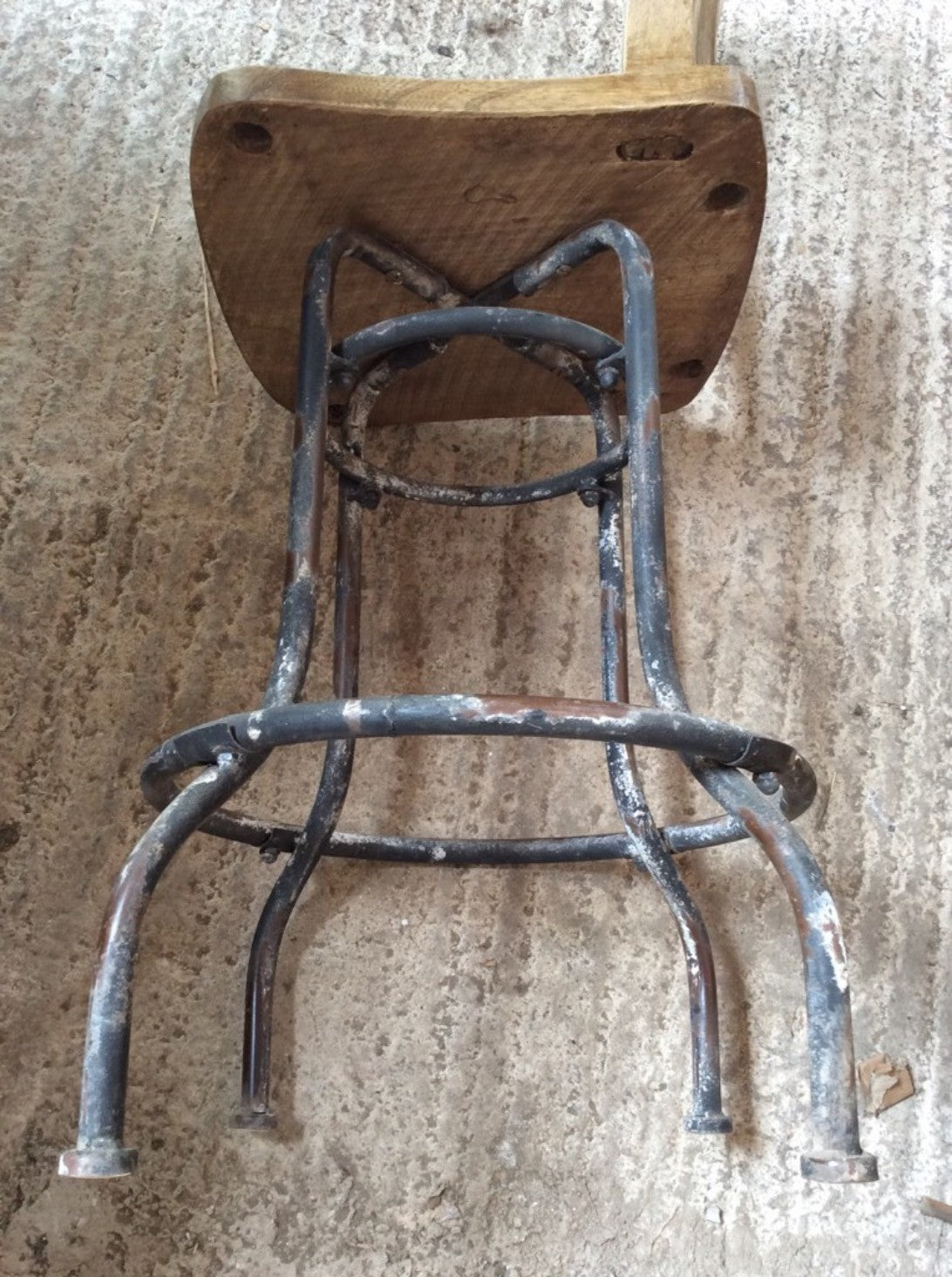 Interesting Old Elm & Beech Steel Slat Back Stool Chair With Metal Legs 42" High