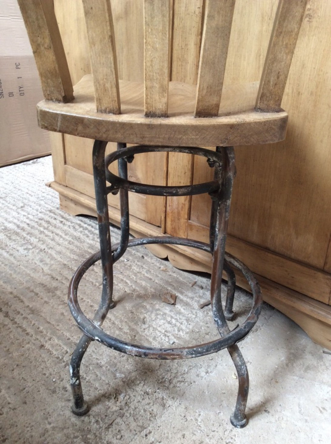 Interesting Old Elm & Beech Steel Slat Back Stool Chair With Metal Legs 42" High