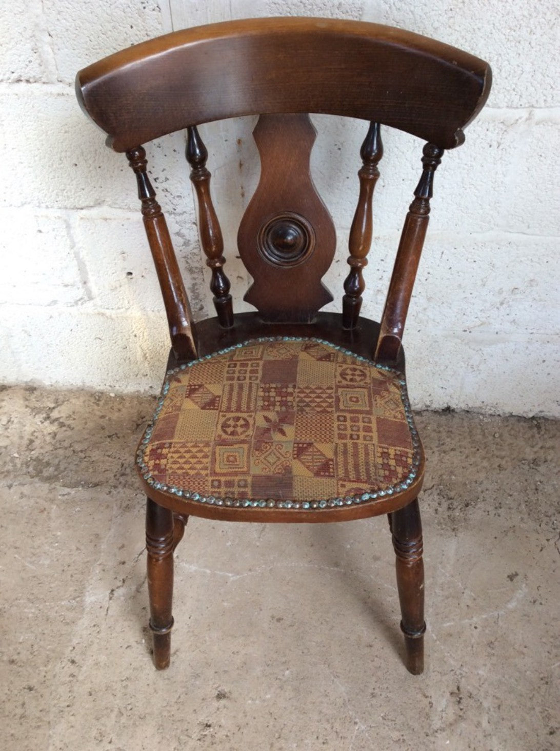 Lovely Old Reclaimed Dark Beech Chair Turned Spindle Legs Upholstered Seat