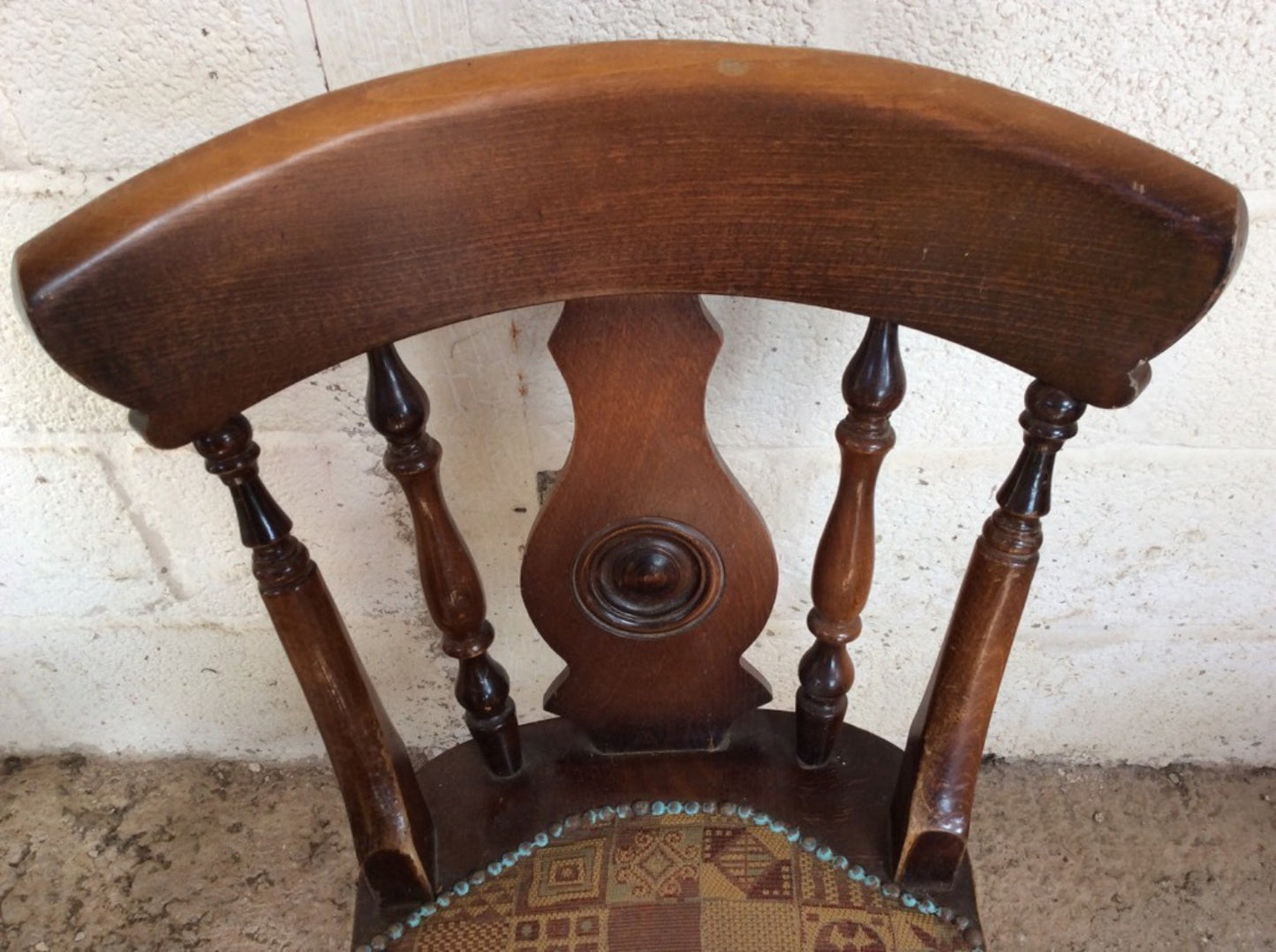 Lovely Old Reclaimed Dark Beech Chair Turned Spindle Legs Upholstered Seat