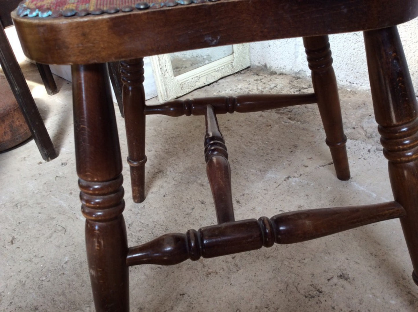 Lovely Old Reclaimed Dark Beech Chair Turned Spindle Legs Upholstered Seat