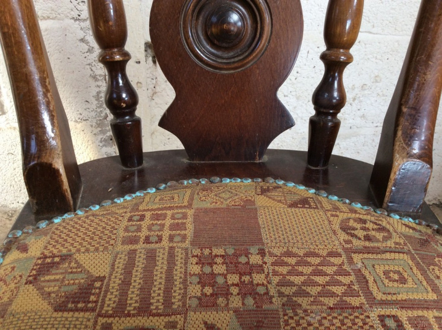 Lovely Old Reclaimed Dark Beech Chair Turned Spindle Legs Upholstered Seat