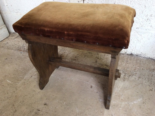 18 7/8” By 20 3/8” By 12 1/8” Reclaimed 1930s Upholstered Low Oak Stool