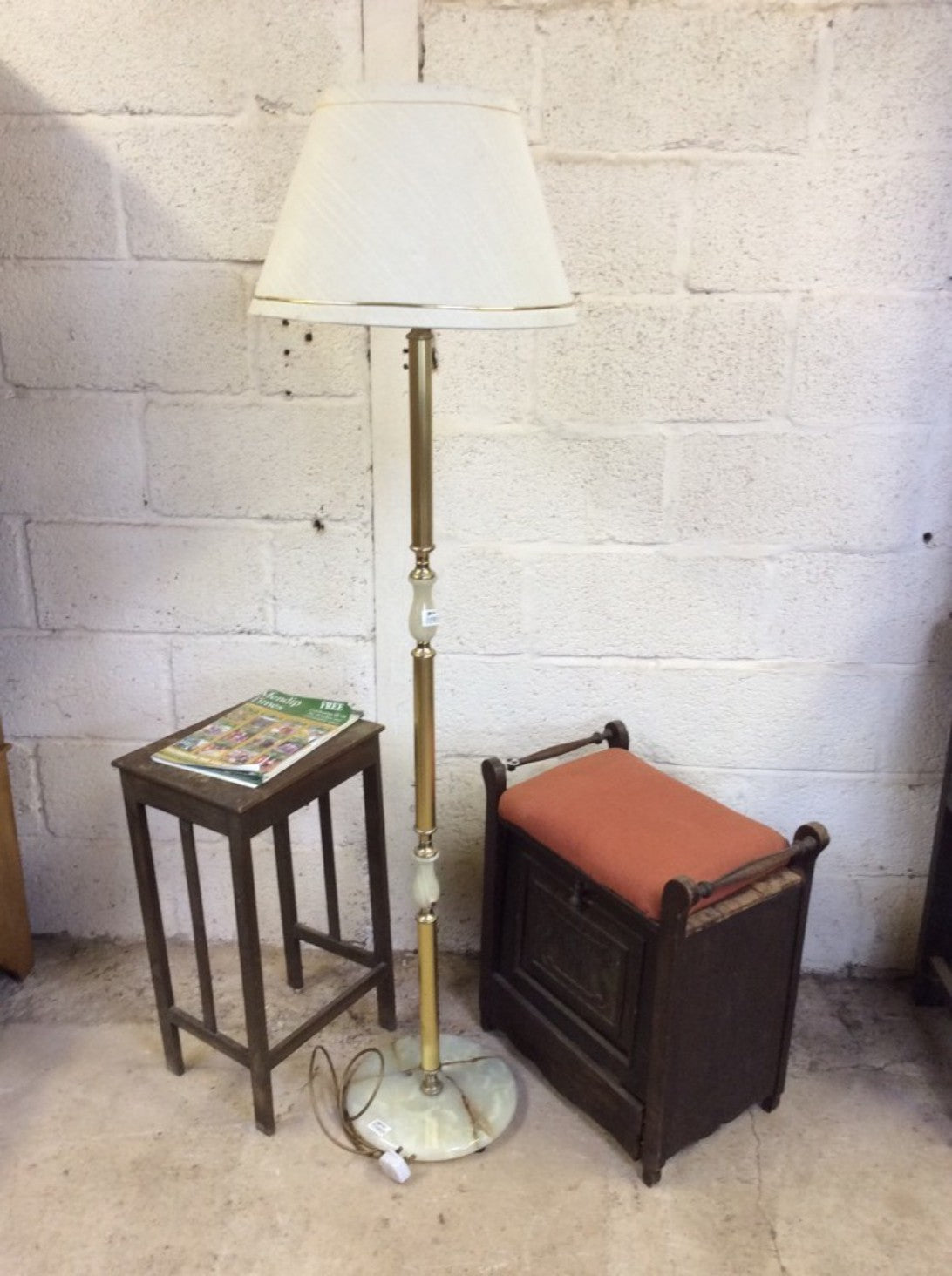 Vintage Retro Style Marble Brass & Natural Onyx Free Standing Floor Lamp & Shade