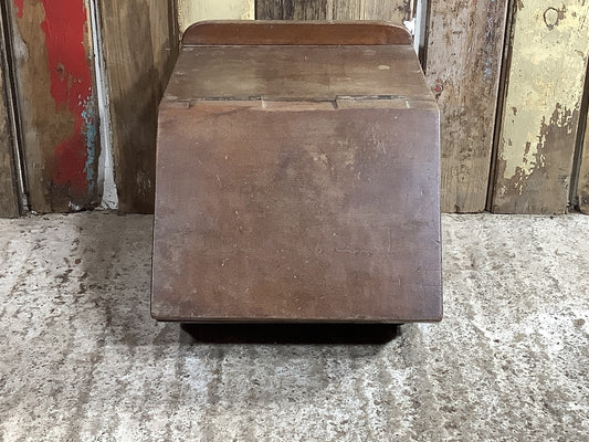 Antique Old Wooden Mahogany Coal Scuttle Box Bin With Sloped Lid With Liner