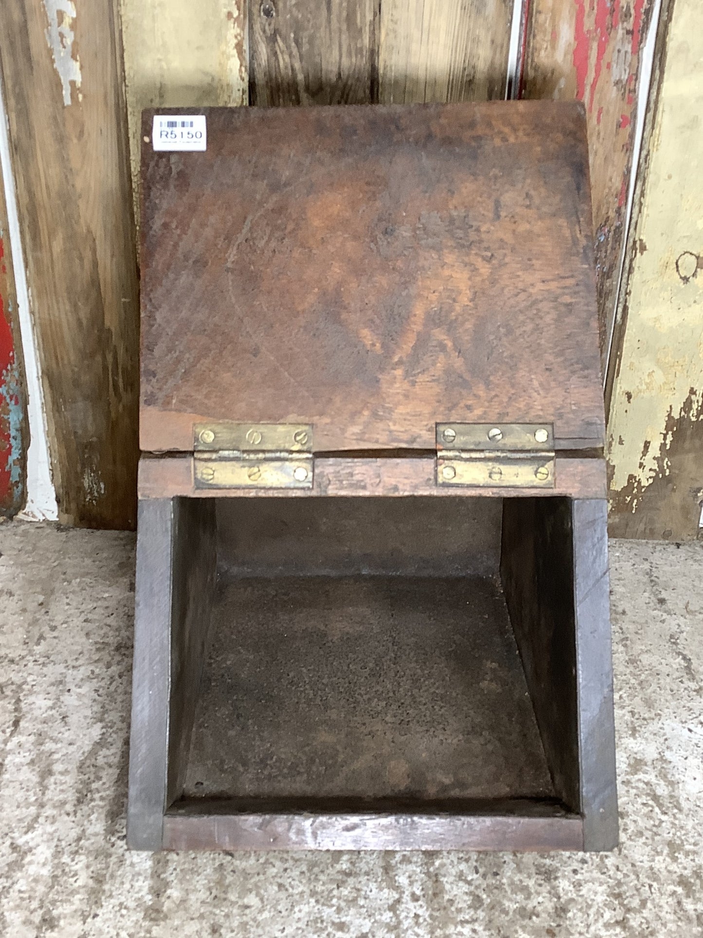 Antique Old Wooden Mahogany Coal Scuttle Box Bin With Sloped Lid With Liner