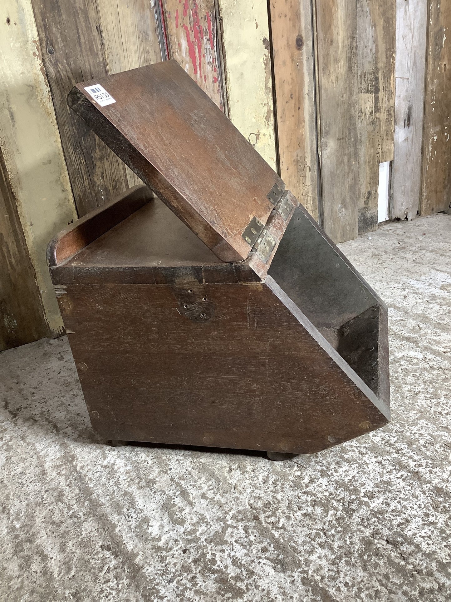 Antique Old Wooden Mahogany Coal Scuttle Box Bin With Sloped Lid With Liner