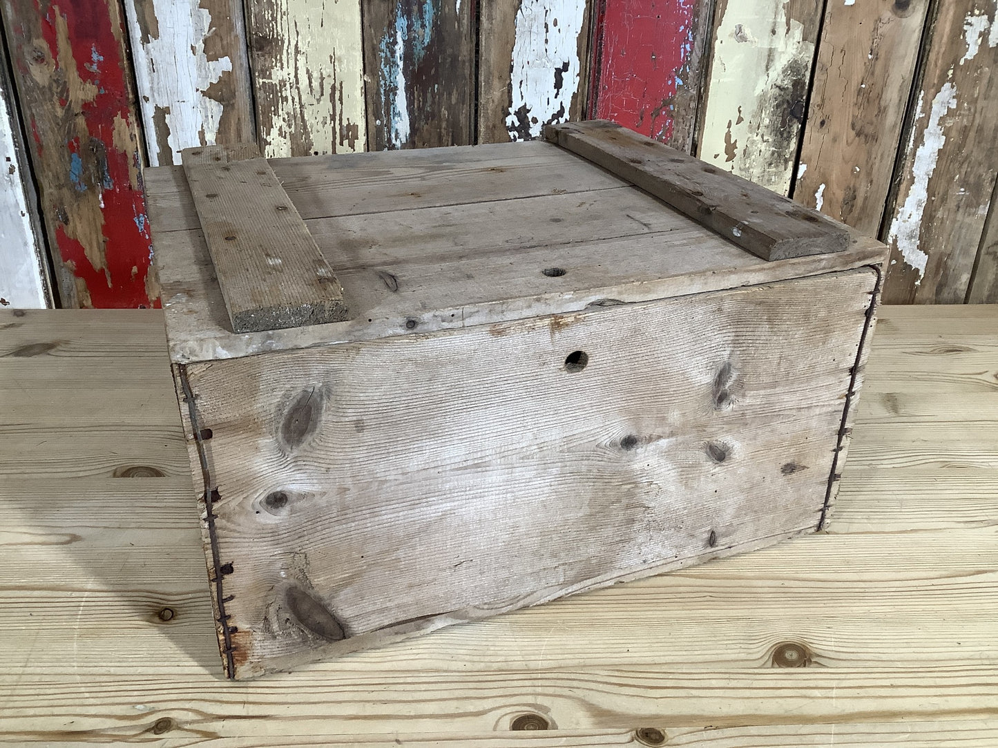 Old Quirky Rustic Small Solid Pine Box With Lid & “Baby Bottles” Text On Side