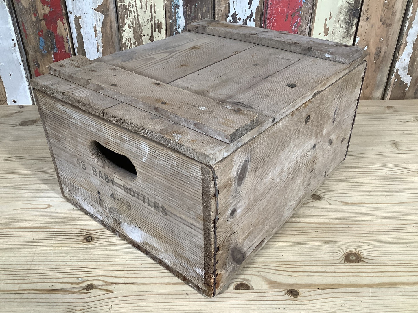 Old Quirky Rustic Small Solid Pine Box With Lid & “Baby Bottles” Text On Side