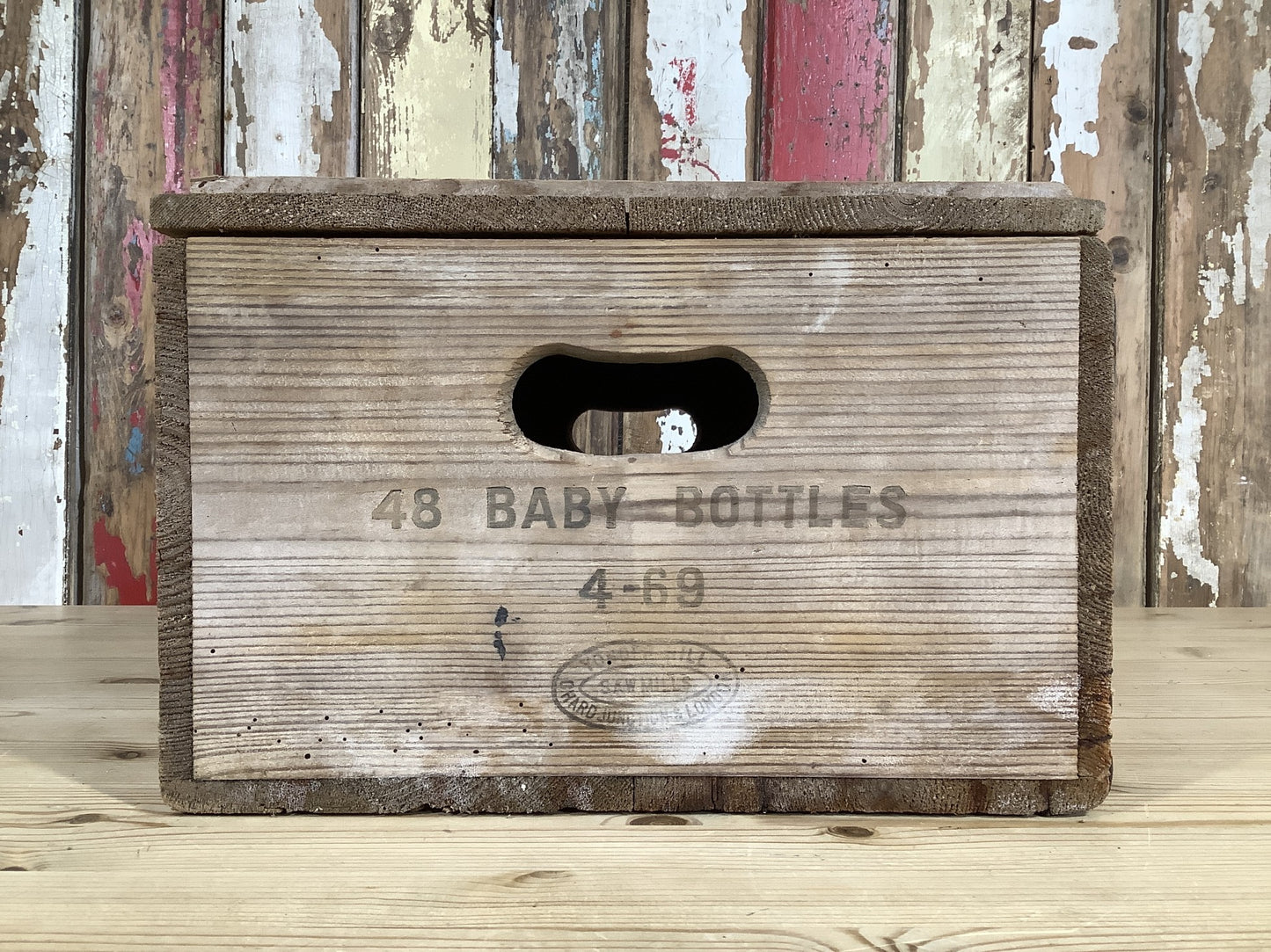 Old Quirky Rustic Small Solid Pine Box With Lid & “Baby Bottles” Text On Side