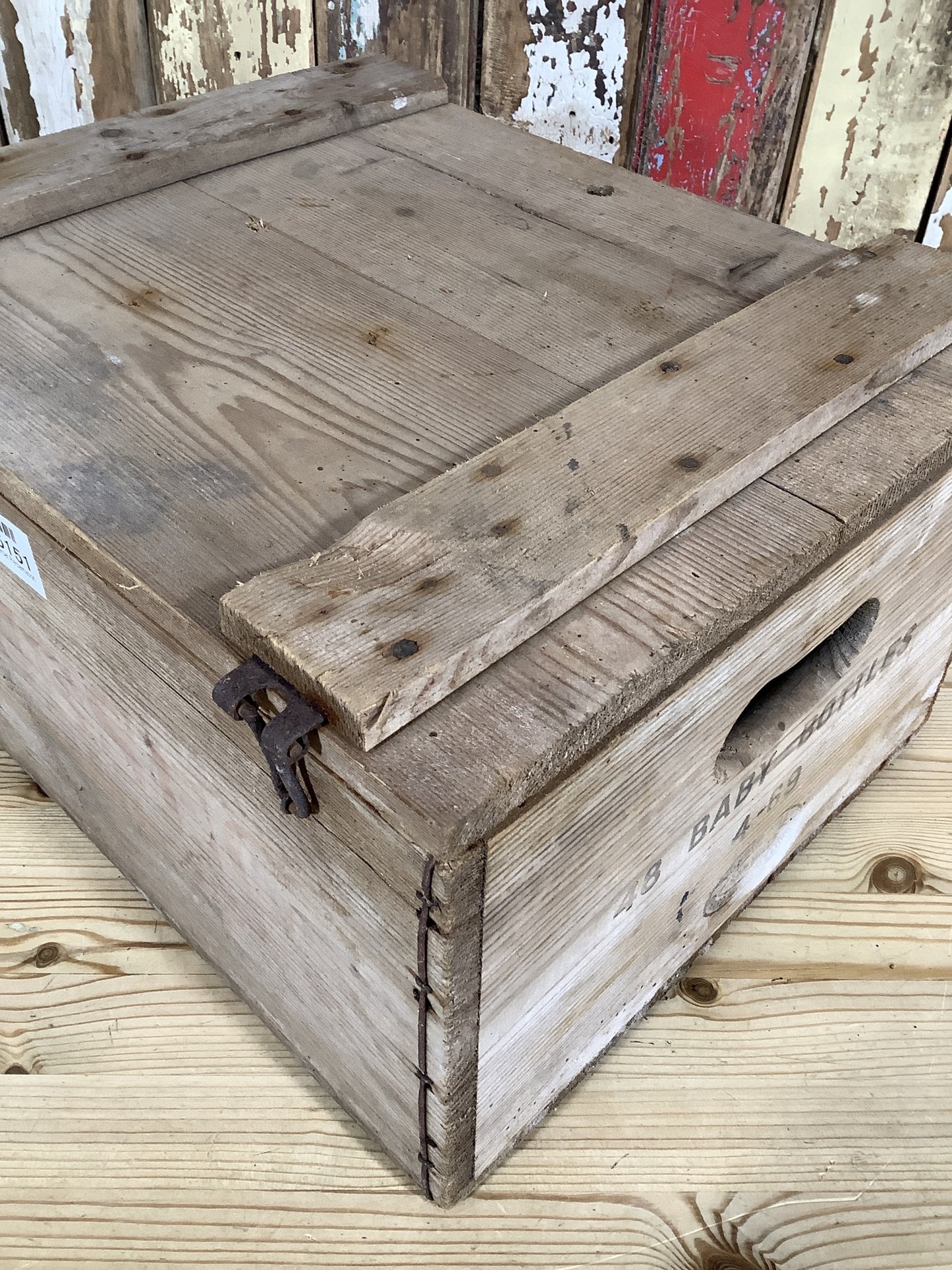 Old Quirky Rustic Small Solid Pine Box With Lid & “Baby Bottles” Text On Side