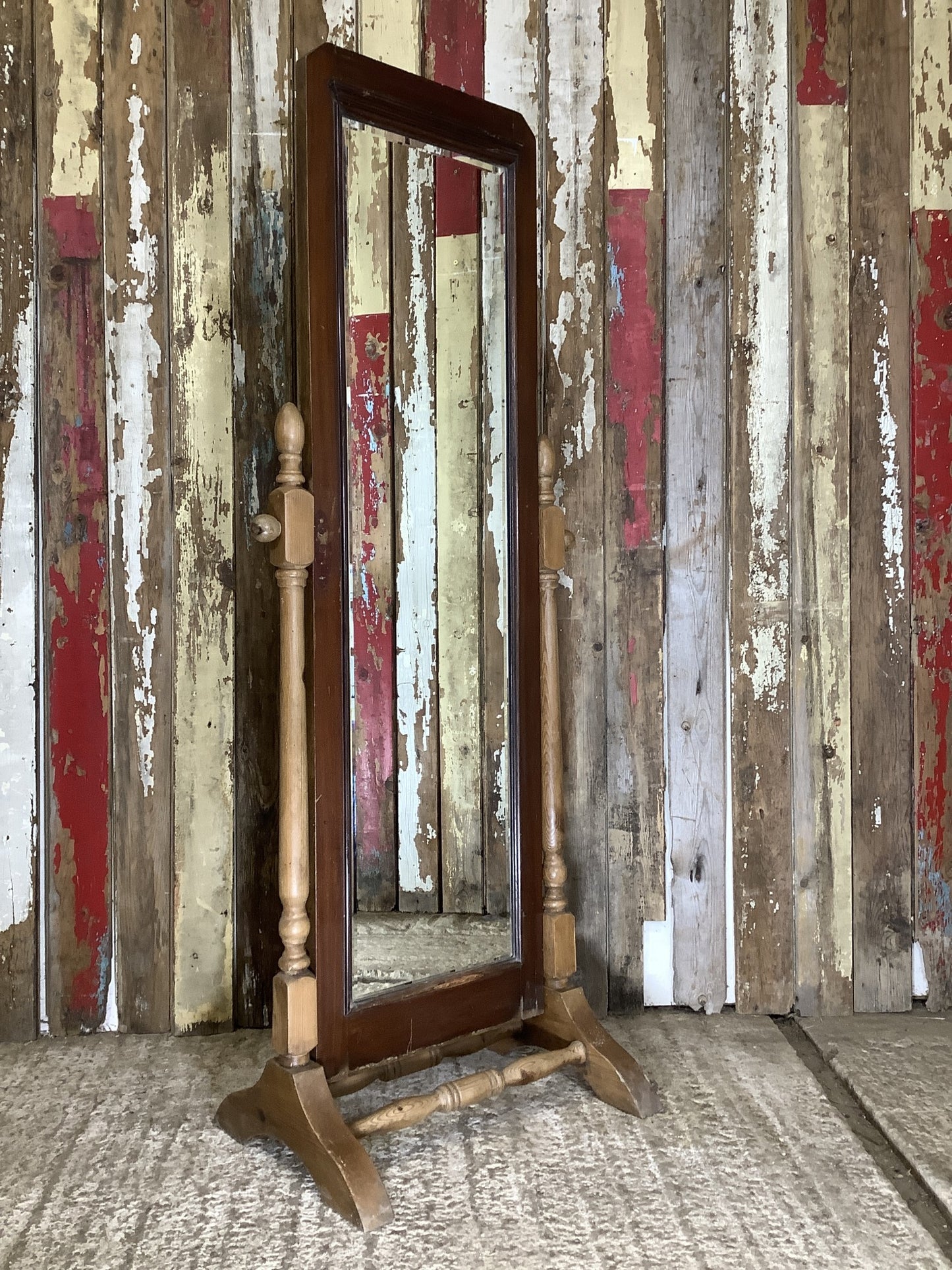 1930s Waxed Mahogany & Pine Full Length Mirror 4'11"