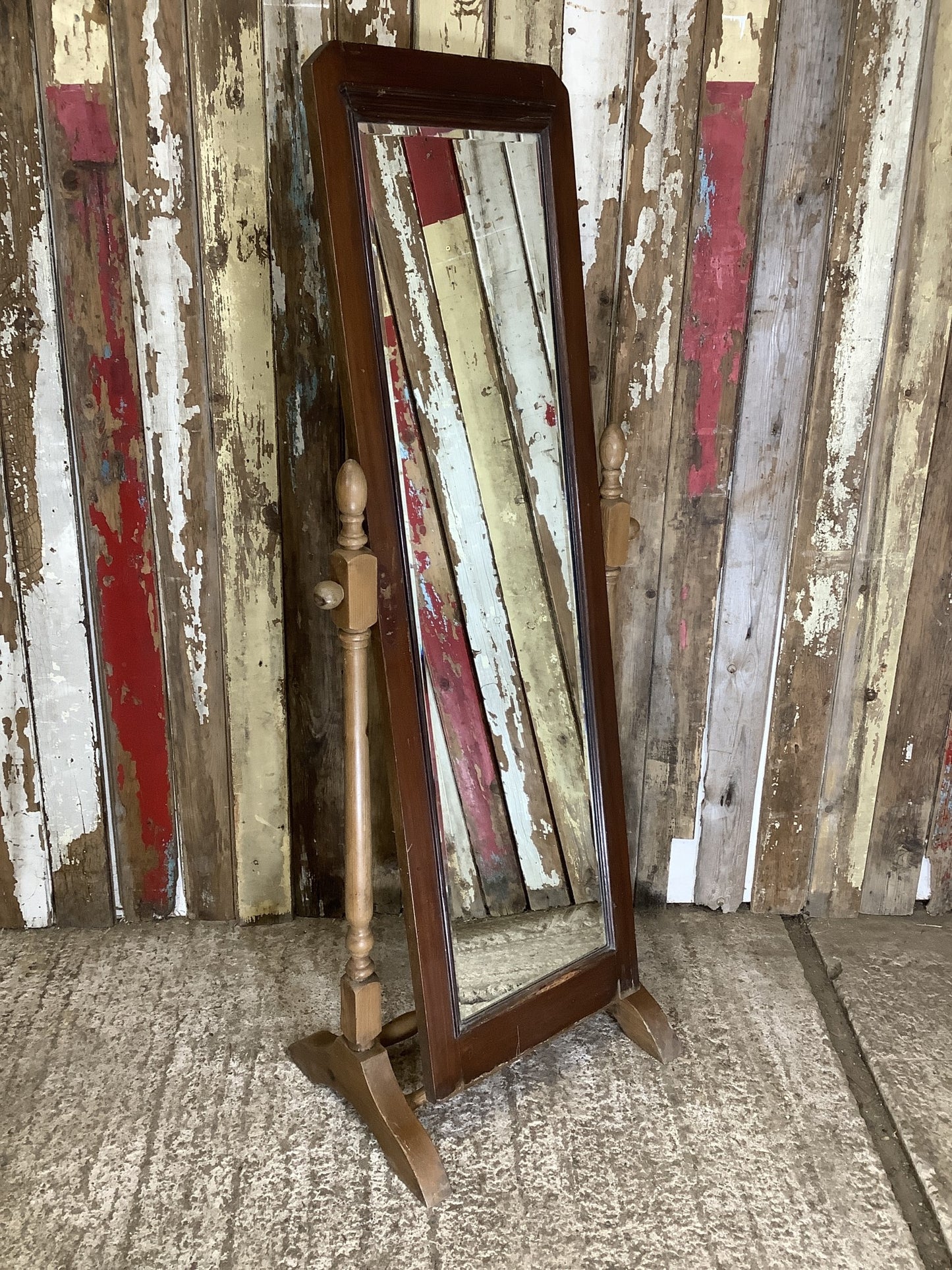 1930s Waxed Mahogany & Pine Full Length Mirror 4'11"