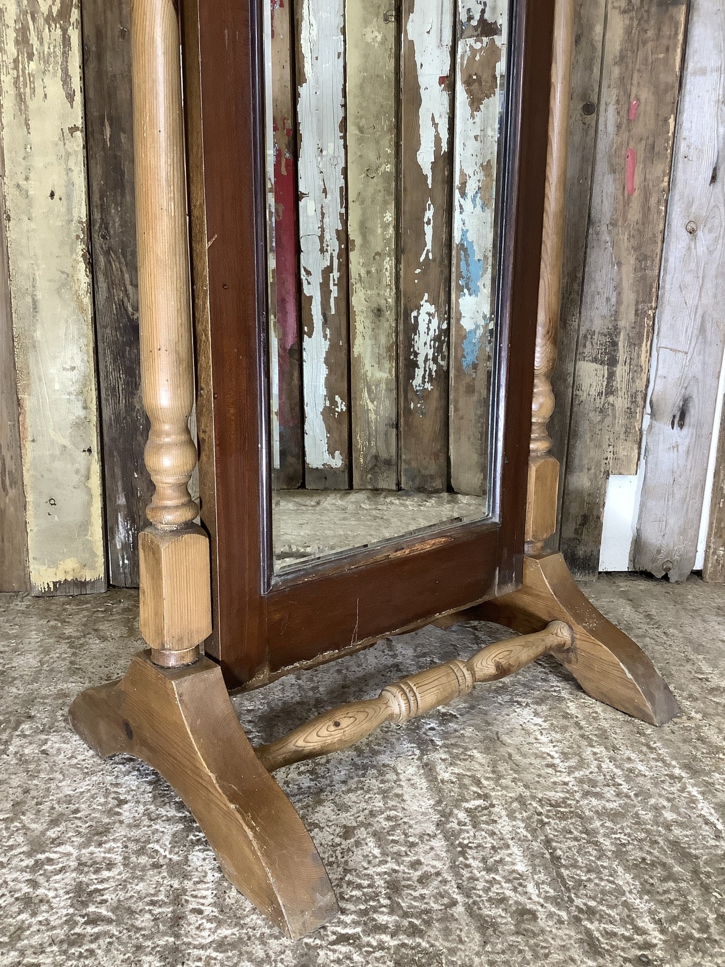 1930s Waxed Mahogany & Pine Full Length Mirror 4'11"