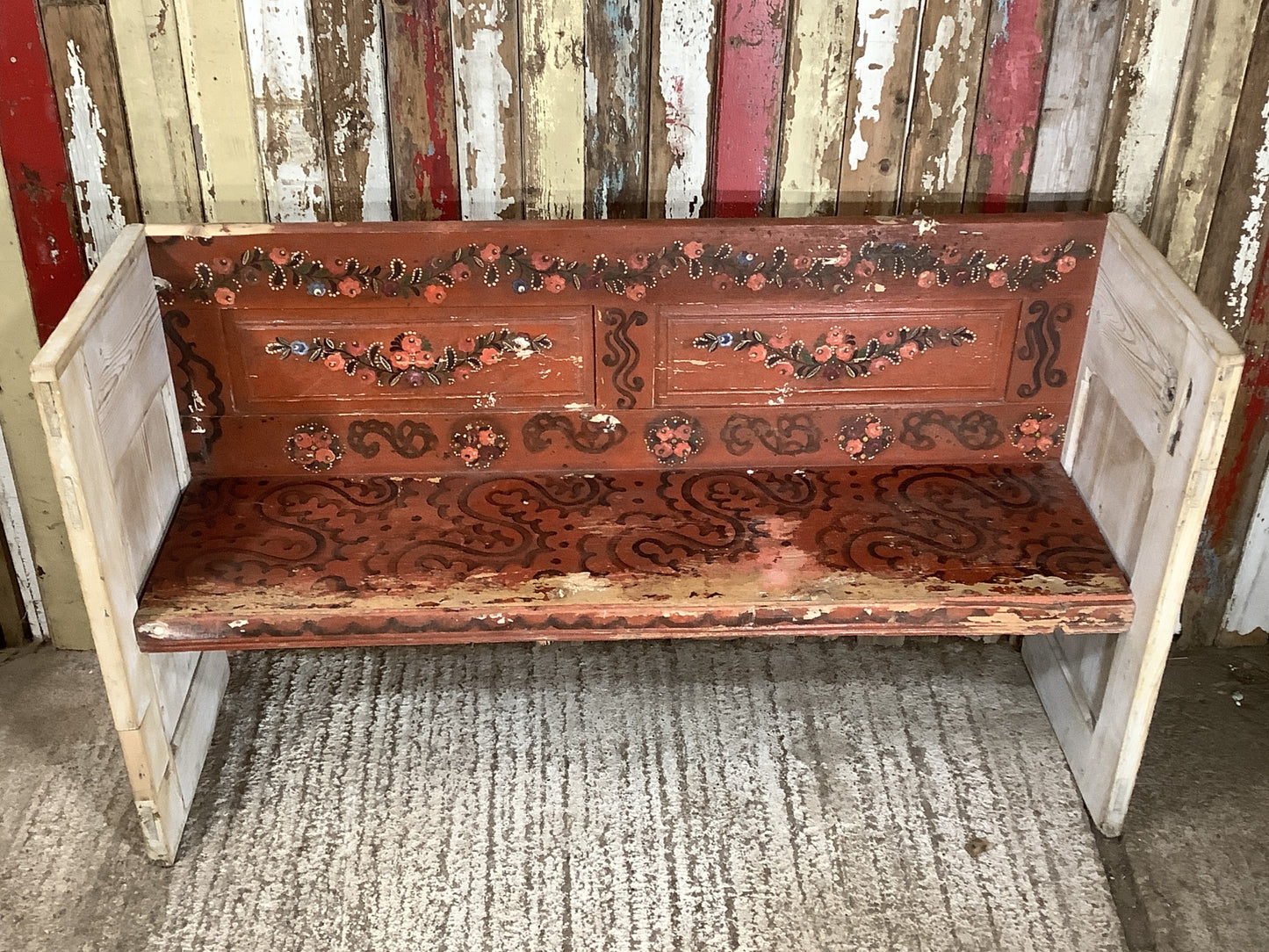 5'8" Old Rustic Hand Painted Pine Settle Pew Wooden