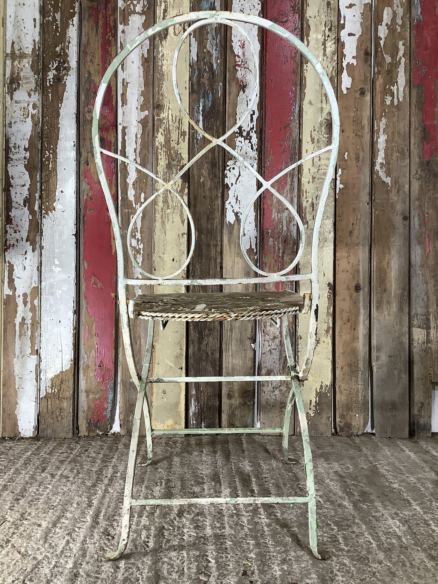 Rustic Old Painted Pair Of Steel Metal Foldable Garden Chairs 3'0"H