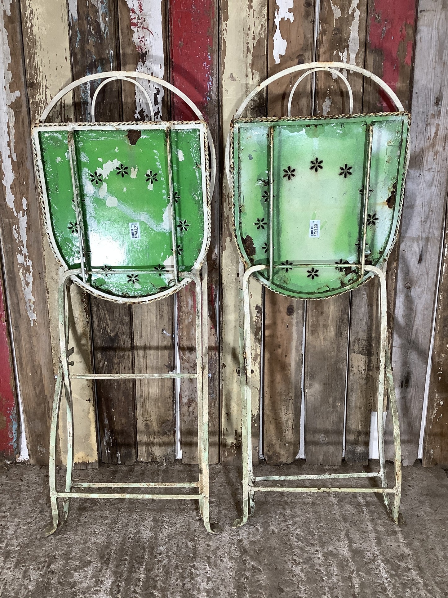 Rustic Old Painted Pair Of Steel Metal Foldable Garden Chairs 3'0"H