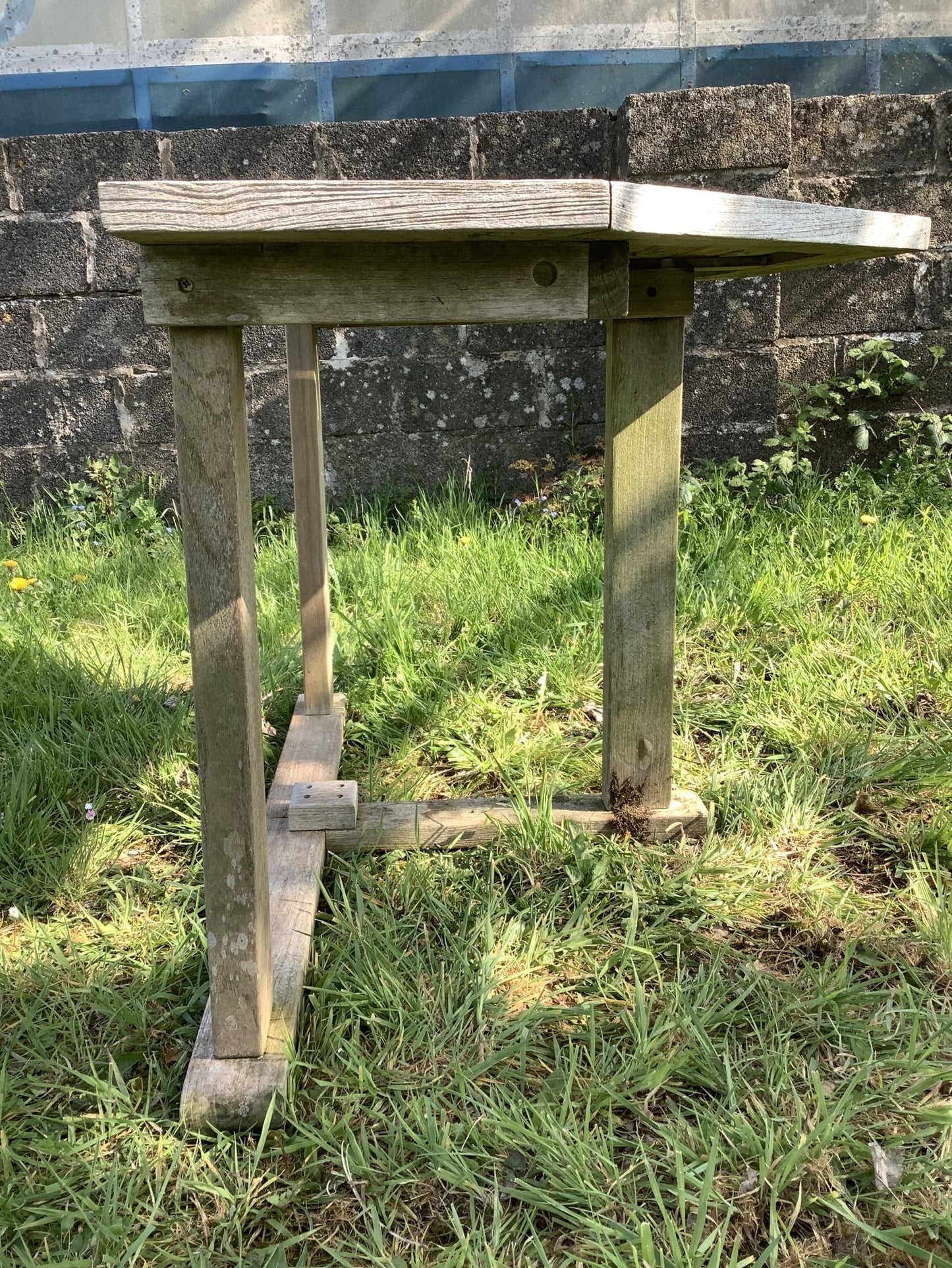 1/2 Old Teak Garden 3 Legged Corner Table Rustic 3'11"L x2'1"W