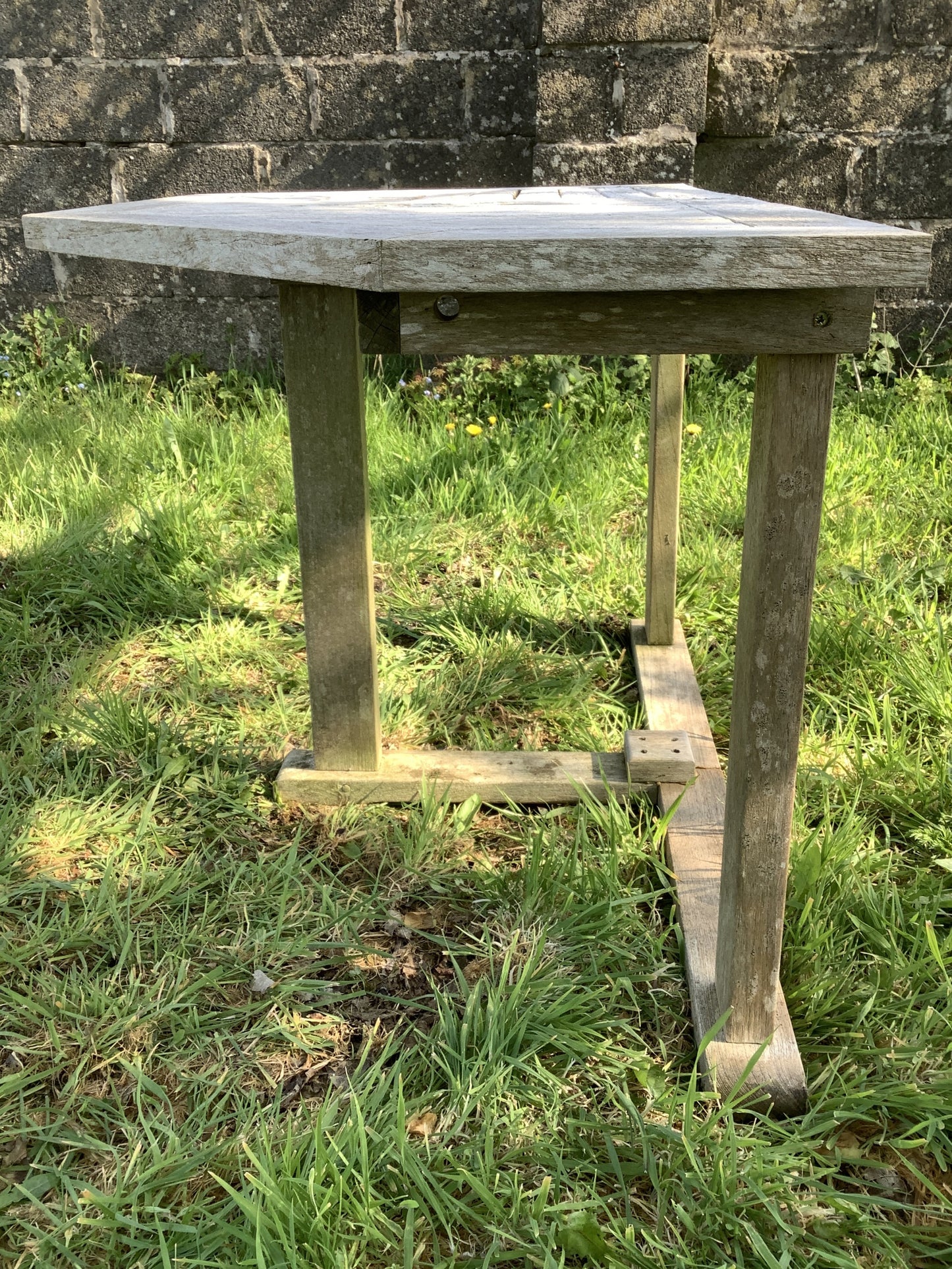 1/2 Old Teak Garden 3 Legged Corner Table Rustic 3'11"L x2'1"W