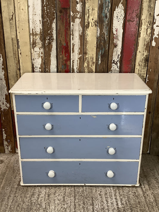 Victorian Blue & White Painted Pine 2 Over 3 Chest of Drawers 2'9"H 3'3" W