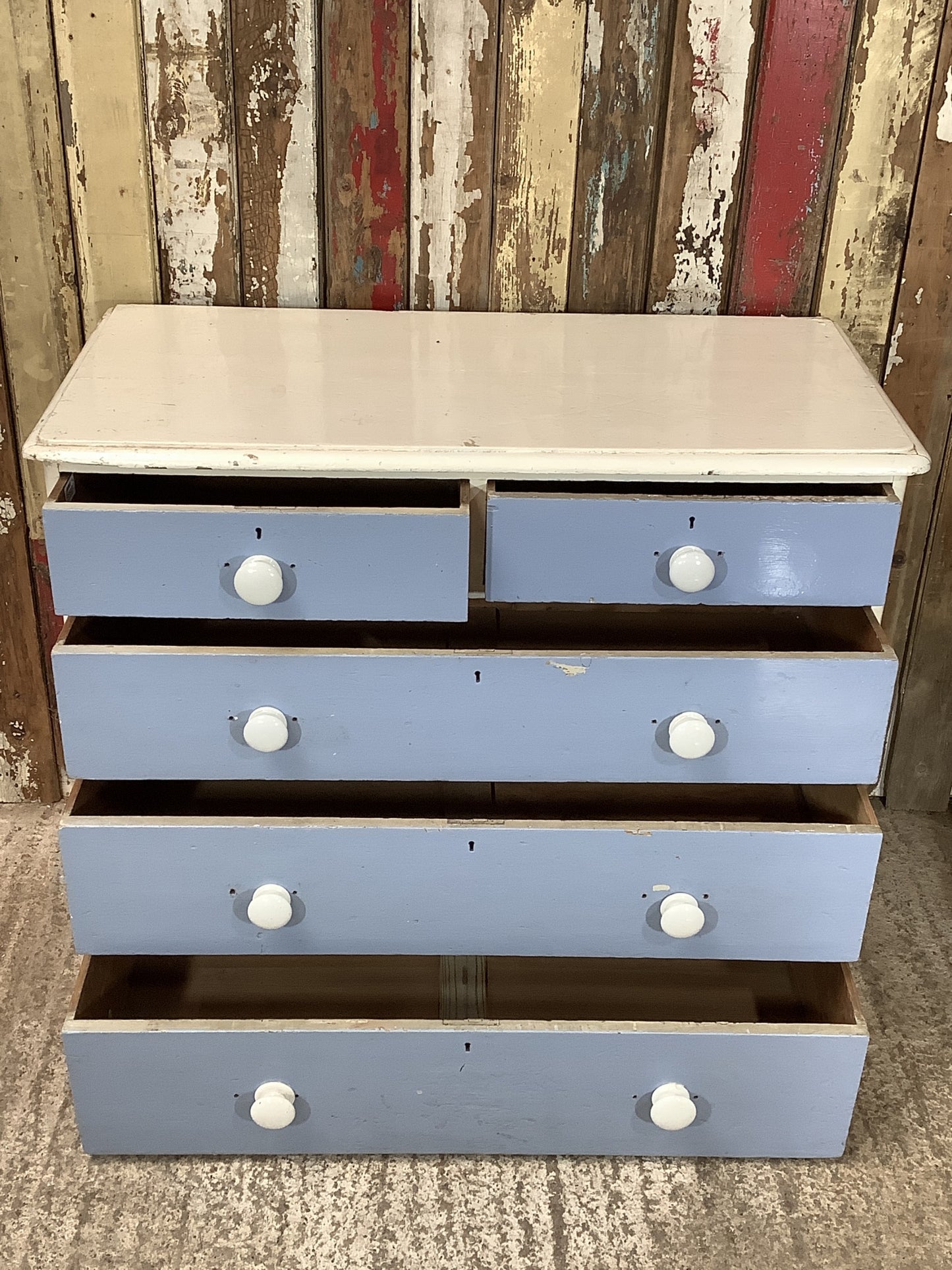 Victorian Blue & White Painted Pine 2 Over 3 Chest of Drawers 2'9"H 3'3" W