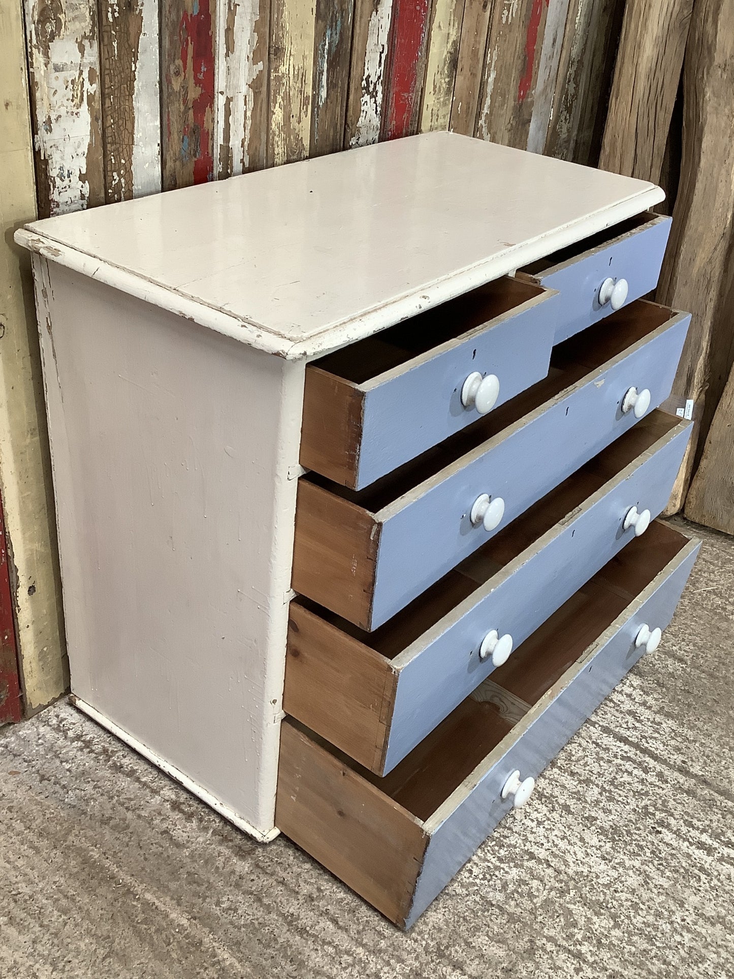 Victorian Blue & White Painted Pine 2 Over 3 Chest of Drawers 2'9"H 3'3" W