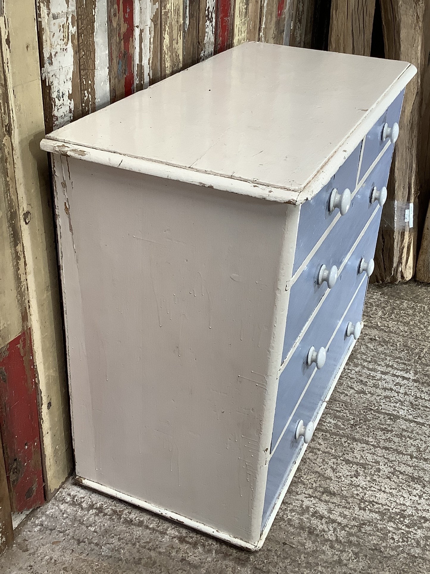 Victorian Blue & White Painted Pine 2 Over 3 Chest of Drawers 2'9"H 3'3" W