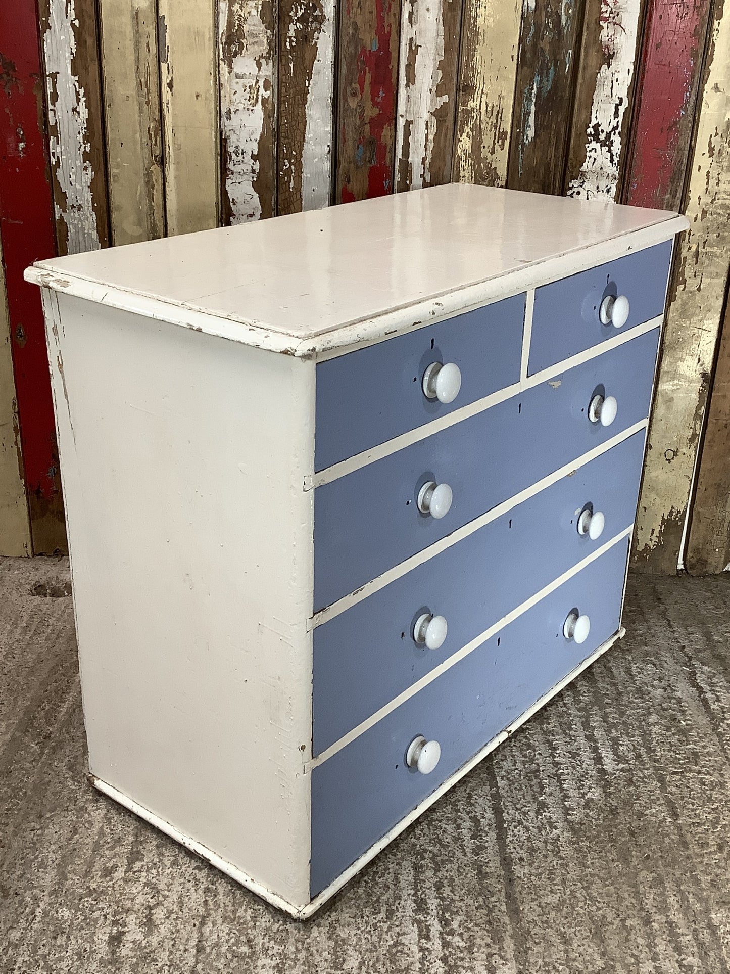 Victorian Blue & White Painted Pine 2 Over 3 Chest of Drawers 2'9"H 3'3" W