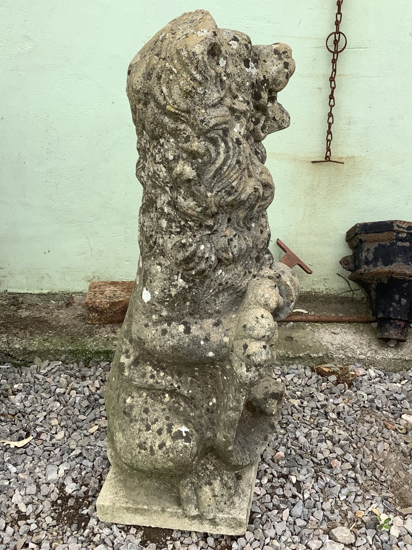3'3"H 1'2" W Weathered Old Heavy Cast Stone Sitting Lion Statue Garden Feature