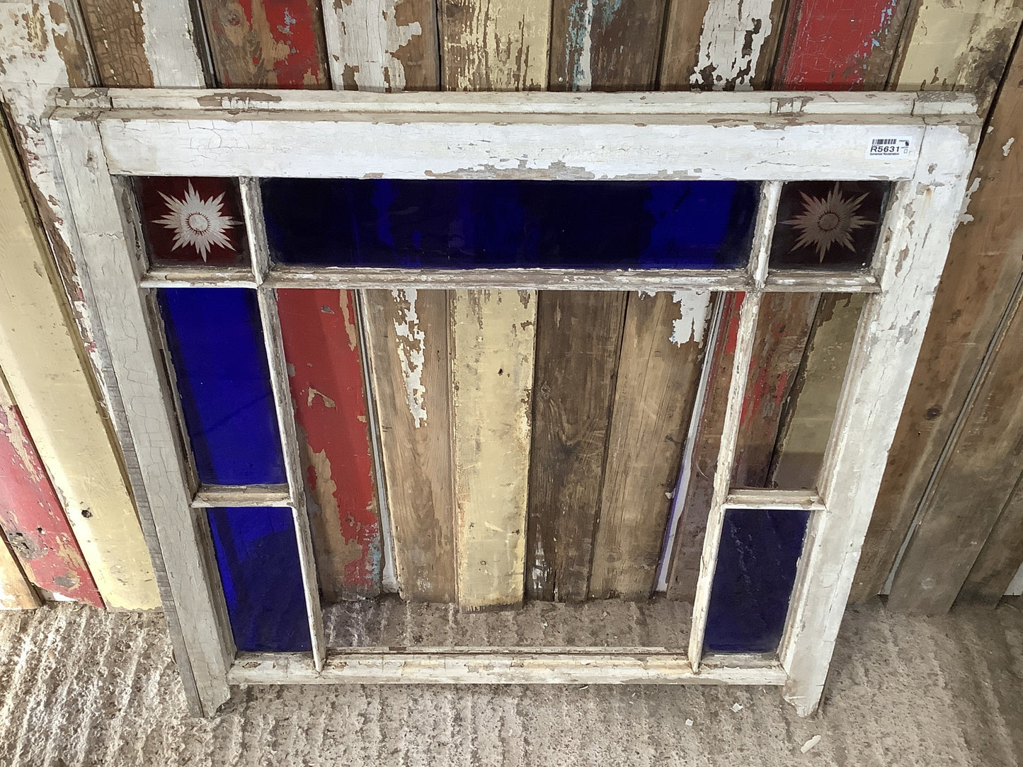 Reclaimed Victorian Pine Sash Window Red Starburst & Old Blue Glass Panes