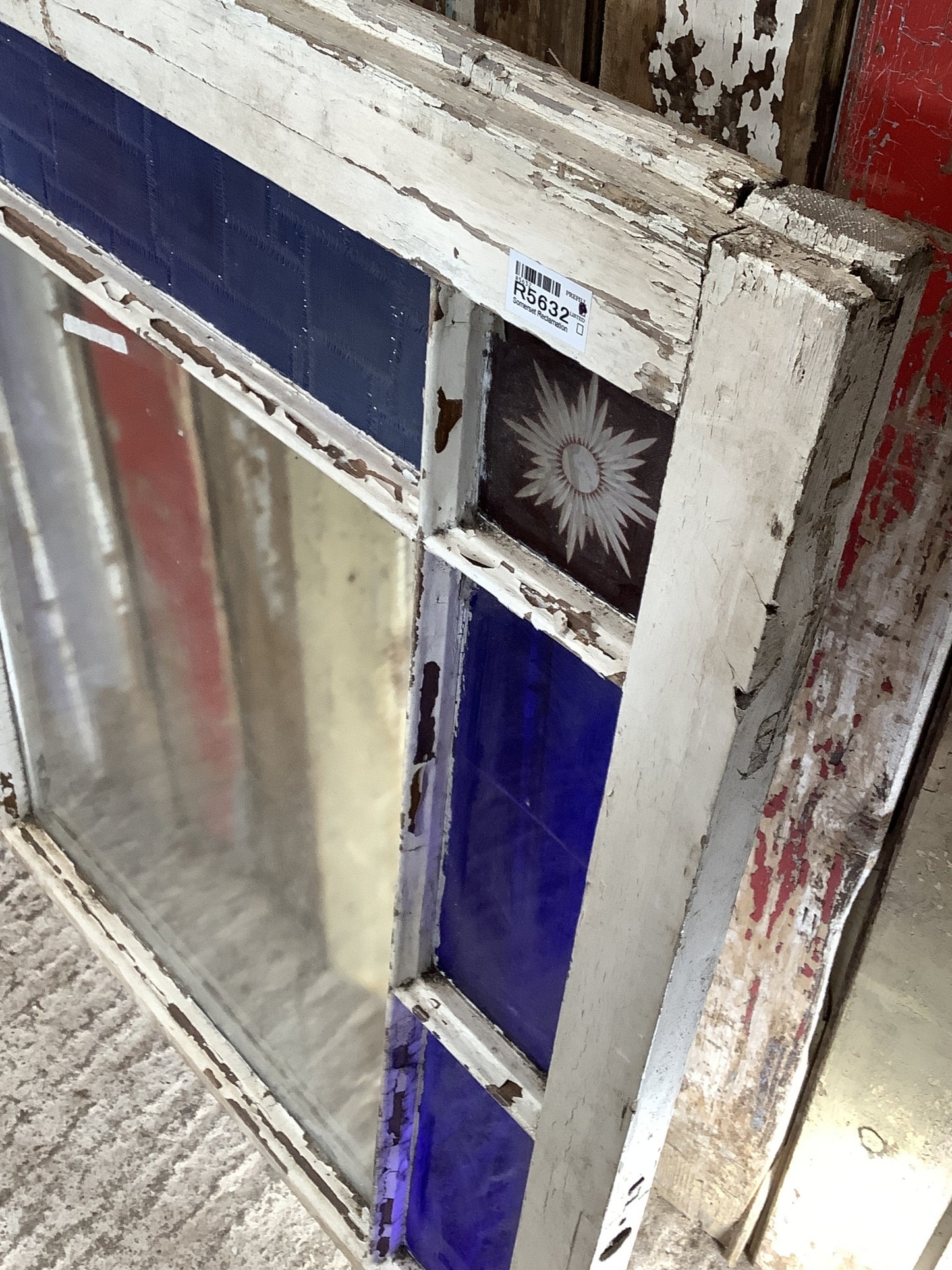 Reclaimed Victorian Pine Sash Window Red Starburst & Old Blue Glass Panes