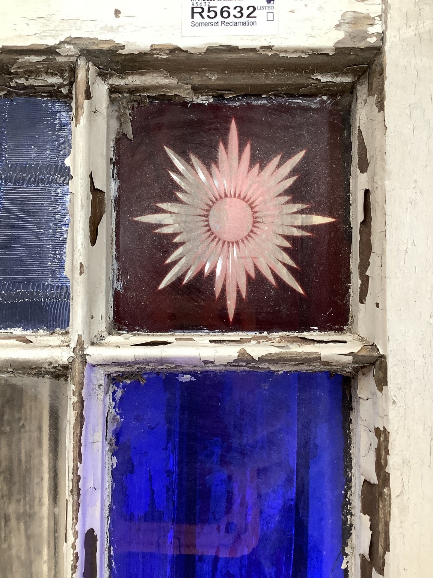 Reclaimed Victorian Pine Sash Window Red Starburst & Old Blue Glass Panes