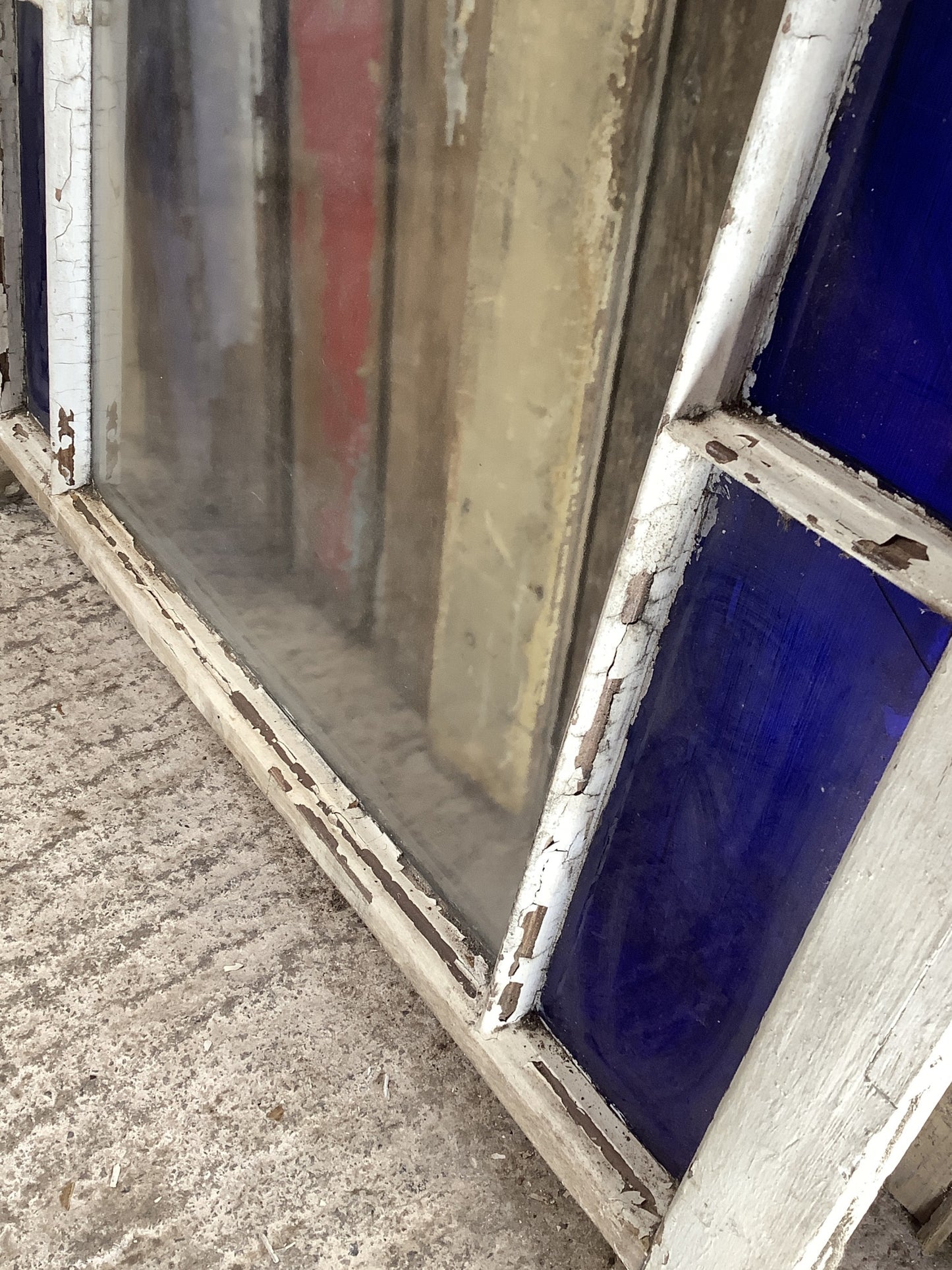 Reclaimed Victorian Pine Sash Window Red Starburst & Old Blue Glass Panes