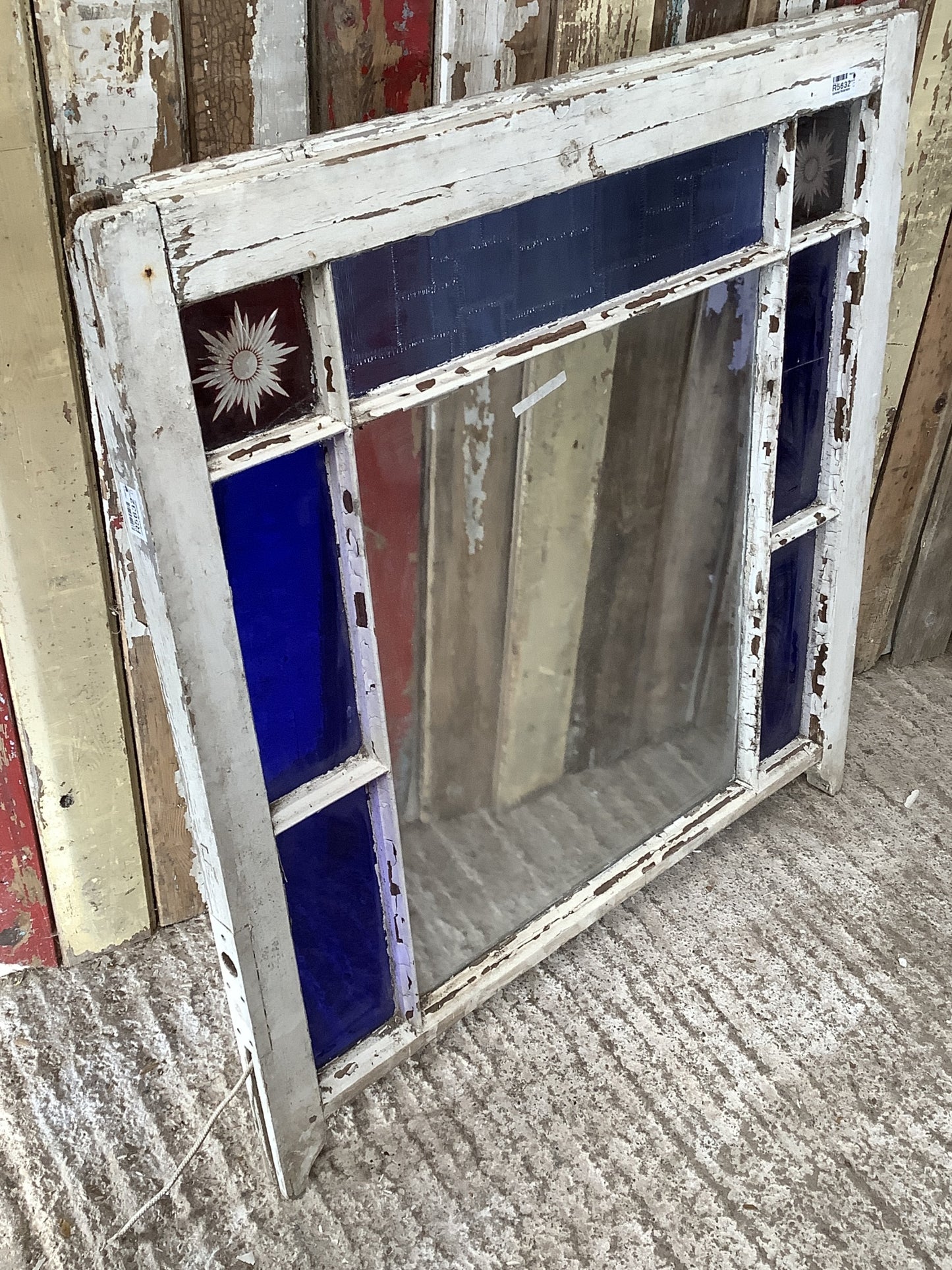 Reclaimed Victorian Pine Sash Window Red Starburst & Old Blue Glass Panes