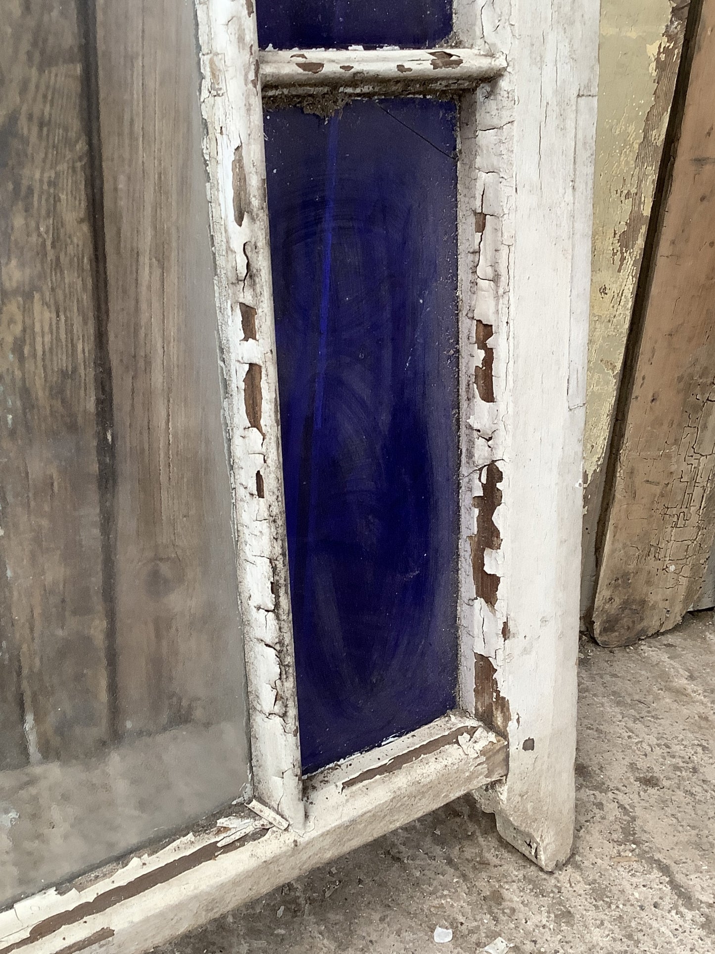 Reclaimed Victorian Pine Sash Window Red Starburst & Old Blue Glass Panes