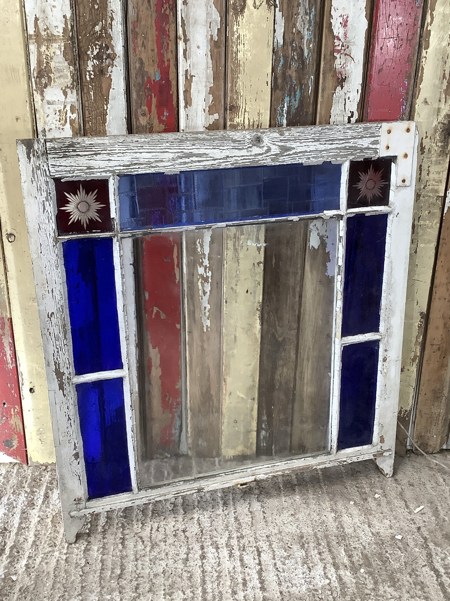 Reclaimed Victorian Pine Sash Window Red Starburst & Old Blue Glass Panes